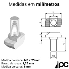 Kit Parafuso Cabeça Martelo - M8 x 25 mm - Canal de 8 mm