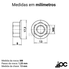 Kit Porca Sextavada M8 com Flange - Passo da Rosca 1,25 - Chave 13 - Zincado Branco