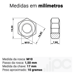 Kit Porca Sextavada M10 - Aço Carbono - Passo da Rosca 1,50 mm