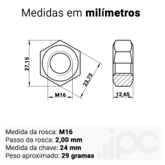 Kit Porca Sextavada M16 - Aço Carbono - Passo da Rosca 2,00 mm
