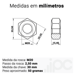 Kit Porca Sextavada M20 - Aço Carbono - Passo da Rosca 2,50 mm
