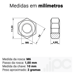 Kit Porca Sextavada M6 - Aço Carbono - Passo da Rosca 1,00 mm