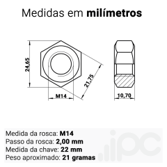 Kit Porca Sextavada M14 - Aço Carbono - Passo da Rosca 2,00 mm