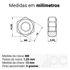 Kit Porca Sextavada M8 - Aço Carbono - Passo da Rosca 1,25 mm