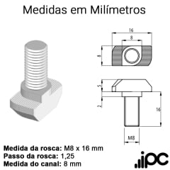 Kit Parafusos Cabeça Martelo - M8 x 16 mm - Para Perfil Canal de 8 mm