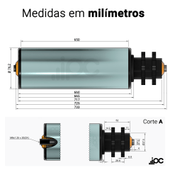 Rolete de Aço com Engrenagem Dupla - Diâmetro de 76,2 mm - Comprimento útil de 650 mm