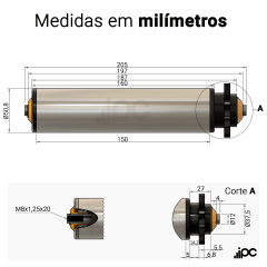 Rolete de Aço com Engrenagem Simples - Diâmetro de 50,8 mm - Comprimento útil de 150 mm