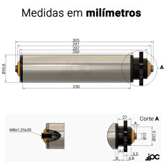 Rolete de Aço com Engrenagem Simples - Diâmetro de 50,8 mm - Comprimento útil de 250 mm