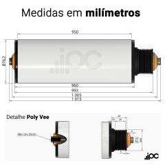 Rolete de PVC acionado - Poly Vee - Diâmetro de 76,2 mm - Comprimento útil de 950 mm