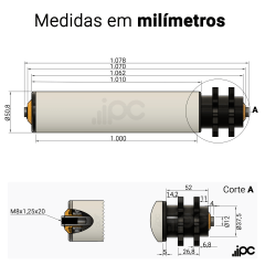 Rolete de PVC com Engrenagem Dupla - Diâmetro de 50,8 mm - Comprimento útil de 1.000 mm