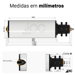 Rolete de PVC com Engrenagem Dupla - Diâmetro de 76,2 mm - Comprimento útil de 950 mm