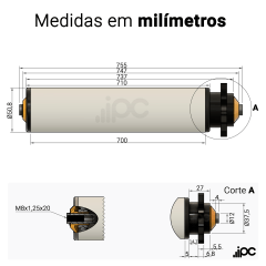 Rolete de PVC com Engrenagem Simples - Diâmetro de 50,8 mm - Comprimento útil de 700 mm