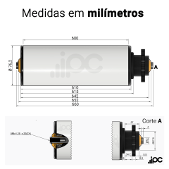 Rolete de PVC com Engrenagem Simples - Diâmetro de 76,2 mm - Comprimento útil de 600 mm