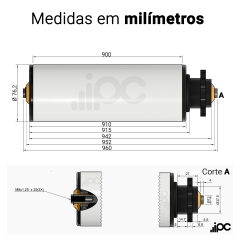 Rolete de PVC com Engrenagem Simples - Diâmetro de 76,2 mm - Comprimento útil de 900 mm