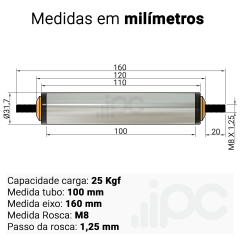 Rolete de Aço - Diâmetro 31,7 mm - Comprimento útil de 100 mm