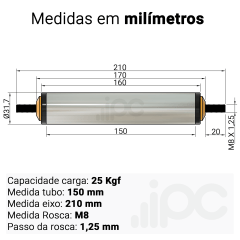 Rolete de Aço - Diâmetro 31,7 mm - Comprimento útil de 150 mm