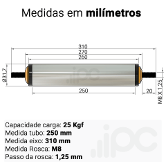 Rolete de Aço - Diâmetro 31,7 mm - Comprimento útil de 250 mm