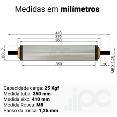 Rolete de Aço - Diâmetro 31,7 mm - Comprimento útil de 350 mm