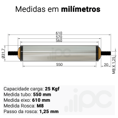 Rolete de Aço - Diâmetro 31,7 mm - Comprimento útil de 550 mm