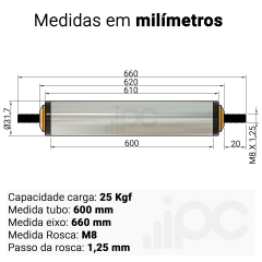 Rolete de Aço - Diâmetro 31,7 mm - Comprimento útil de 600 mm