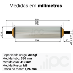 Rolete de Aço - Diâmetro 38,1 mm - Comprimento útil de 350 mm
