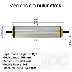 Rolete de Aço - Diâmetro 38,1 mm - Comprimento útil de 400 mm