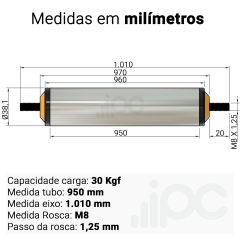 Rolete de Aço - Diâmetro 38,1 mm - Comprimento útil de 900 mm