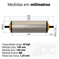 Rolete de Aço - Diâmetro 50,8 mm - Comprimento útil de 100 mm