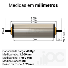Rolete de Aço - Diâmetro 50,8 mm - Comprimento útil de 1.000 mm
