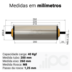 Rolete de Aço - Diâmetro 50,8 mm - Comprimento útil de 200 mm