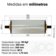 Rolete de Aço - Diâmetro 60,3 mm - Comprimento útil de 200 mm