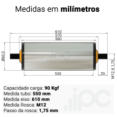 Rolete de Aço - Diâmetro 60,3 mm - Comprimento útil de 550 mm