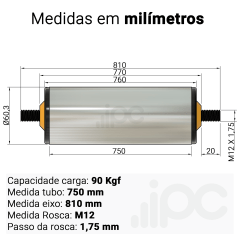 Rolete de Aço - Diâmetro 60,3 mm - Comprimento útil de 750 mm