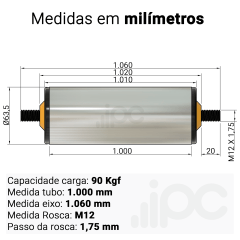 Rolete de Aço - Diâmetro 63,5 mm - Comprimento útil de 1.000 mm