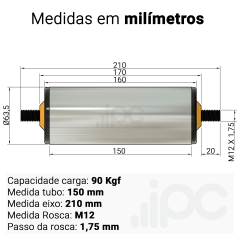 Rolete de Aço - Diâmetro 63,5 mm - Comprimento útil de 150 mm