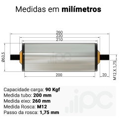 Rolete de Aço - Diâmetro 63,5 mm - Comprimento útil de 200 mm