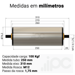 Rolete de Aço - Diâmetro 76,2 mm - Comprimento útil de 250 mm