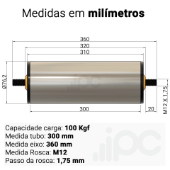 Rolete de Aço - Diâmetro 76,2 mm - Comprimento útil de 300 mm