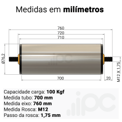 Rolete de Aço - Diâmetro 76,2 mm - Comprimento útil de 700 mm
