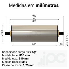 Rolete de Aço - Diâmetro 76,2 mm - Comprimento útil de 850 mm