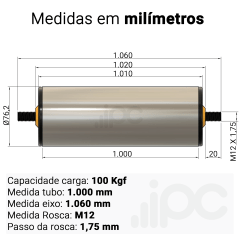 Rolete de Aço - Diâmetro 76,2 mm - Comprimento útil de 1.000 mm