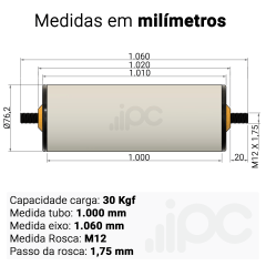 Rolete de PVC - Diâmetro 76,2 mm - Comprimento útil de 1.000 mm