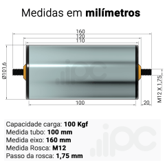Rolete de Aço - Diâmetro 101,6 mm - Comprimento útil de 100 mm