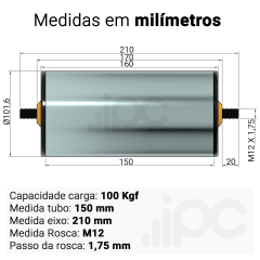 Rolete de Aço - Diâmetro 101,6 mm - Comprimento útil de 150 mm