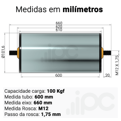 Rolete de Aço - Diâmetro 101,6 mm - Comprimento útil de 600 mm