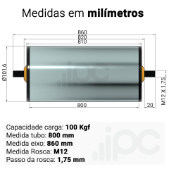 Rolete de Aço - Diâmetro 101,6 mm - Comprimento útil de 800 mm