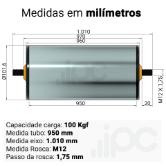 Rolete de Aço - Diâmetro 101,6 mm - Comprimento útil de 950 mm