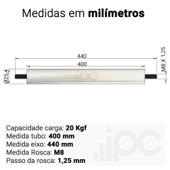 Rolete de Aço - Diâmetro 25,4 mm - Comprimento útil de 400 mm