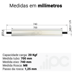 Rolete de Aço - Diâmetro 25,4 mm - Comprimento útil de 700 mm