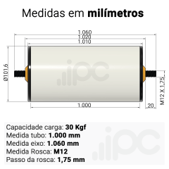Rolete de PVC - Diâmetro 101,6 mm - Comprimento útil de 1.000 mm